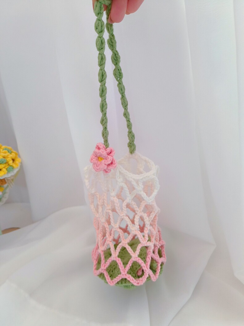Cotton Water Bottle Holder β Handmade Crochet Lotus Bottle Bag, 2-in-1 Foldable Tumbler Charm, Cute Flower Accessory - Image 5