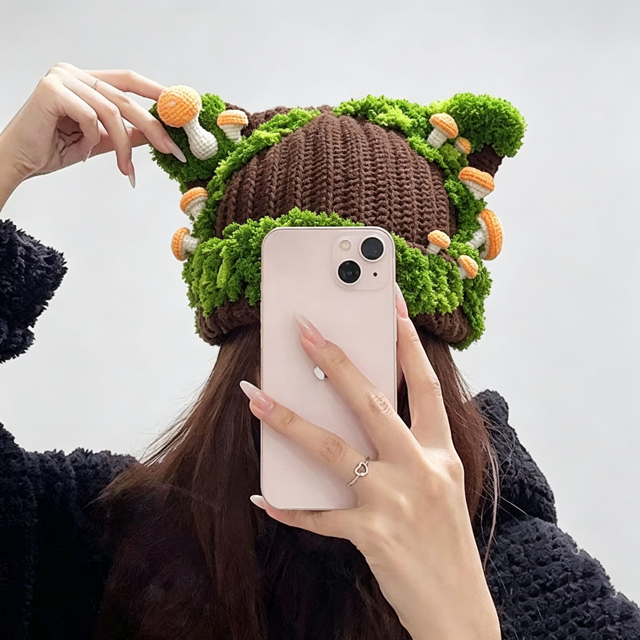 Handmade Crochet Mushroom Hat – Crochet Forest Moss Knit Hat with 3D Mushrooms, Cottagecore Aesthetic Winter Cap, 4 Colors Available - Image 2
