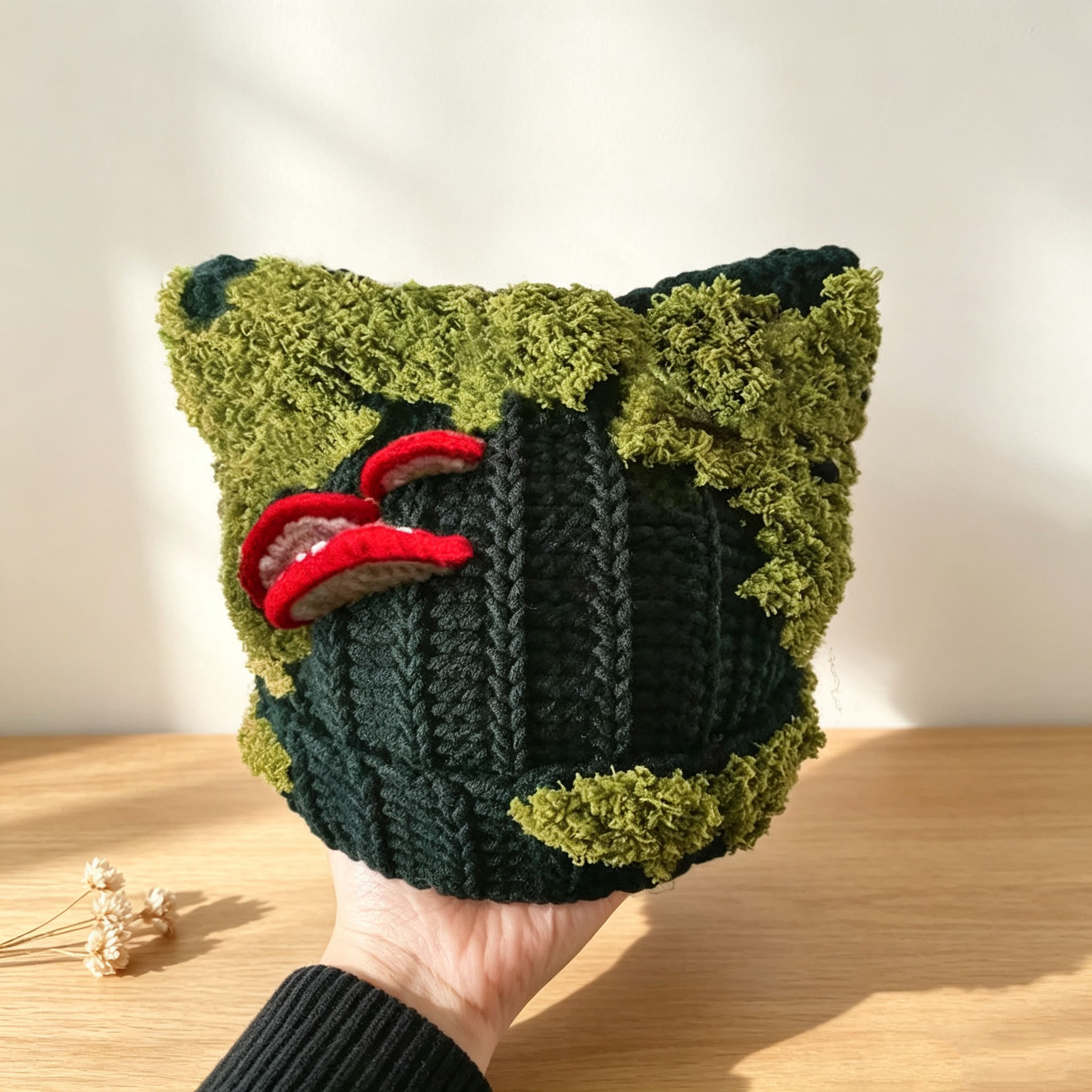 Handmade Crochet Mushroom Hat – Crochet Forest Moss Knit Hat with 3D Mushrooms, Cottagecore Aesthetic Winter Cap, 4 Colors Available - Image 10
