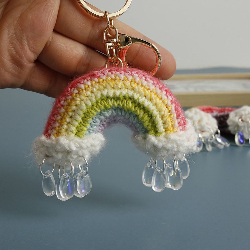 Crochet Rainbow Keychain – Handmade Pastel Cloud Raindrop Charm with Gold Clasp - Image 2