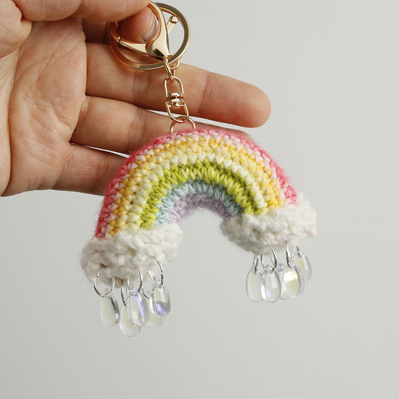 Crochet Rainbow Keychain – Handmade Pastel Cloud Raindrop Charm with Gold Clasp - Image 3