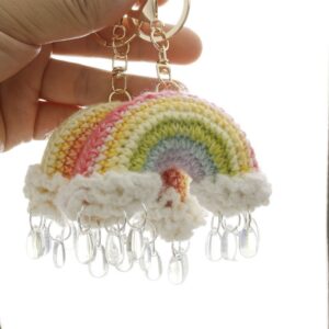Crochet Rainbow Keychain – Handmade Pastel Cloud Raindrop Charm with Gold Clasp