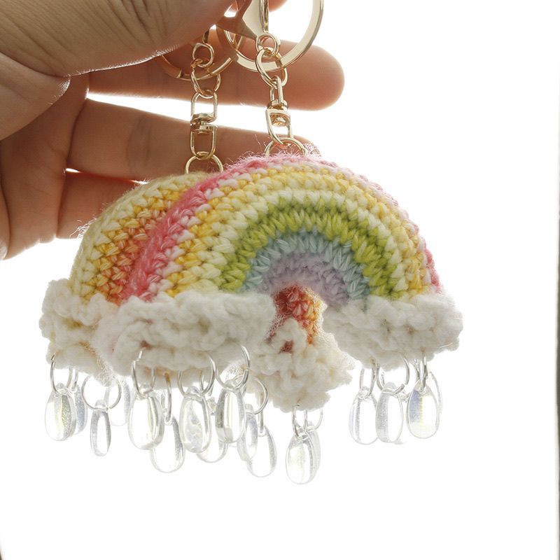 Crochet Rainbow Keychain – Handmade Pastel Cloud Raindrop Charm with Gold Clasp