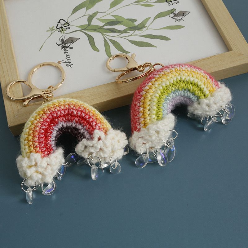 Crochet Rainbow Keychain – Handmade Pastel Cloud Raindrop Charm with Gold Clasp - Image 5