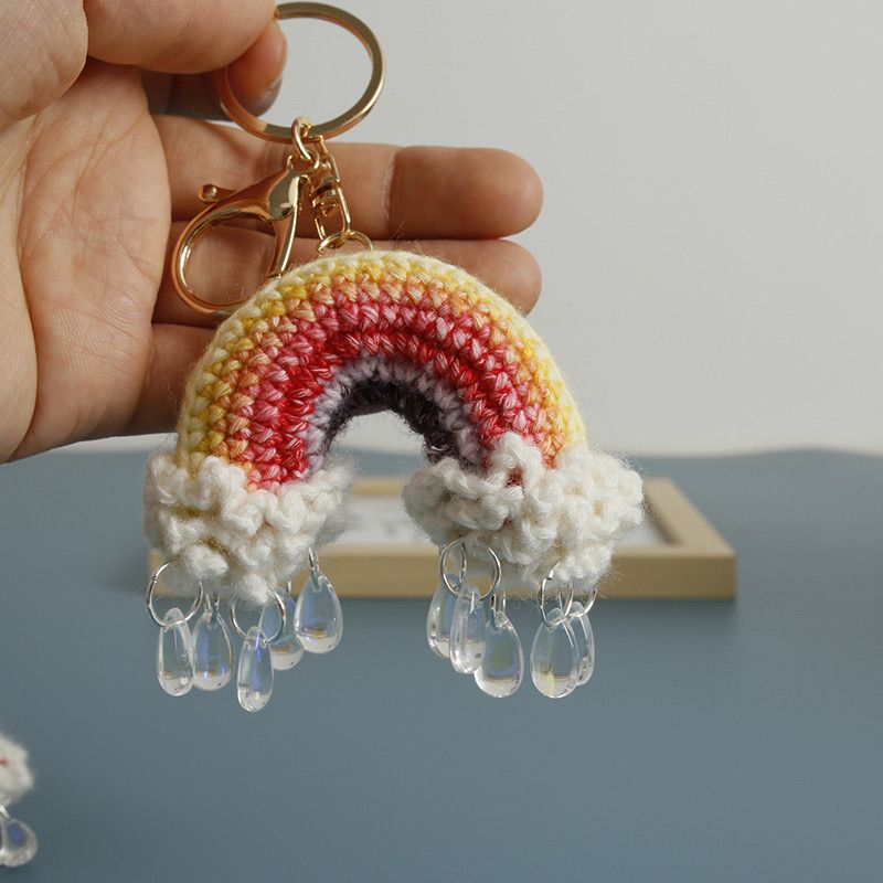 Crochet Rainbow Keychain – Handmade Pastel Cloud Raindrop Charm with Gold Clasp - Image 6