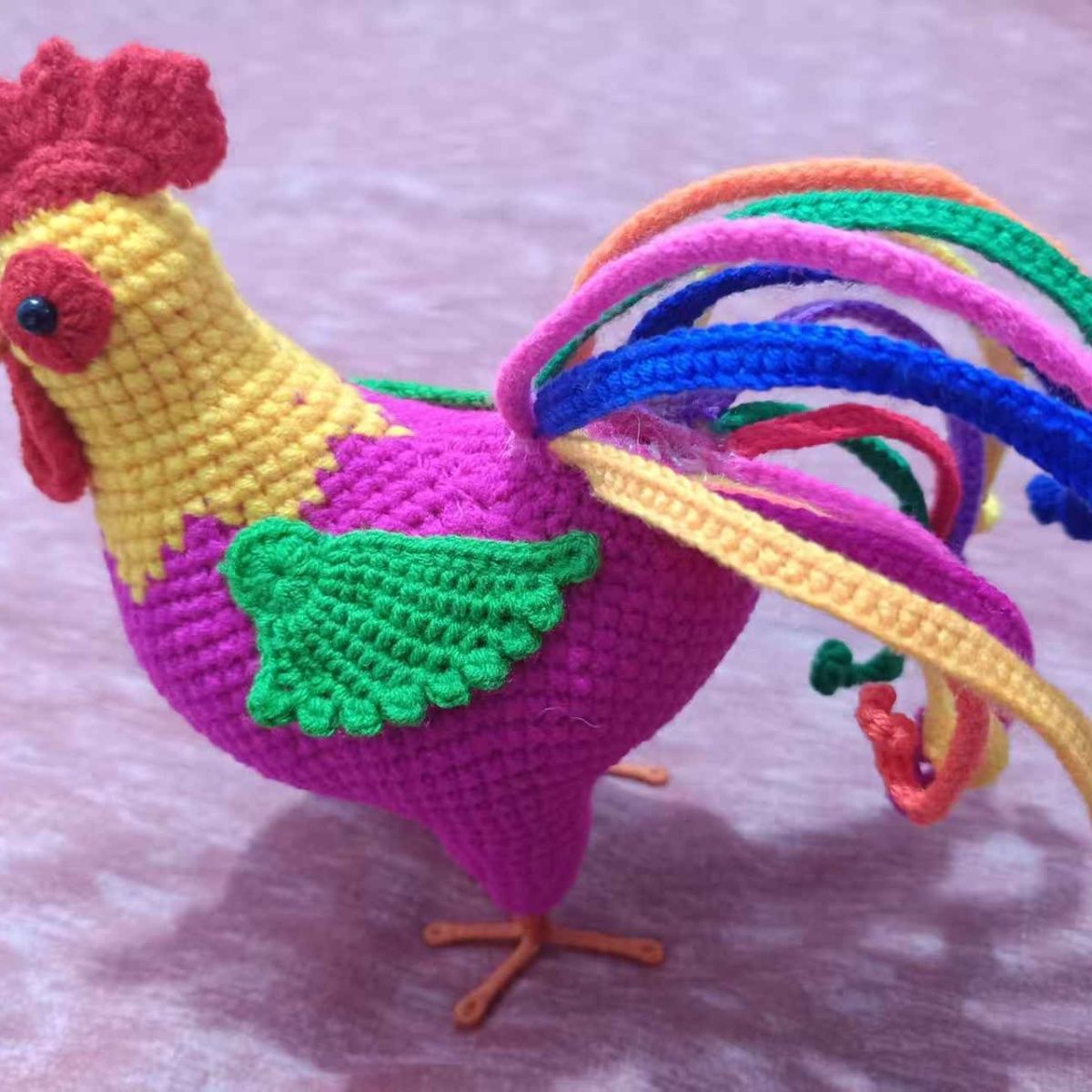Amigurumi Chicken Rooster Figurine – Handmade Crochet Colorful Rooster, 19cm Tall Farmhouse Shelf Decor, Unique Gift for Chicken Lovers - Image 6