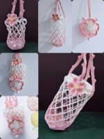 Crochet Water Bottle Carrier – Cute Sakura Bunny 2-in-1 Bag Charm & Tumbler Holder, Pink Floral Handmade Bottle Sleeve, Gift for Her