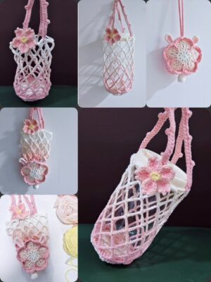Crochet Water Bottle Carrier – Cute Sakura Bunny 2-in-1 Bag Charm & Tumbler Holder, Pink Floral Handmade Bottle Sleeve, Gift for Her