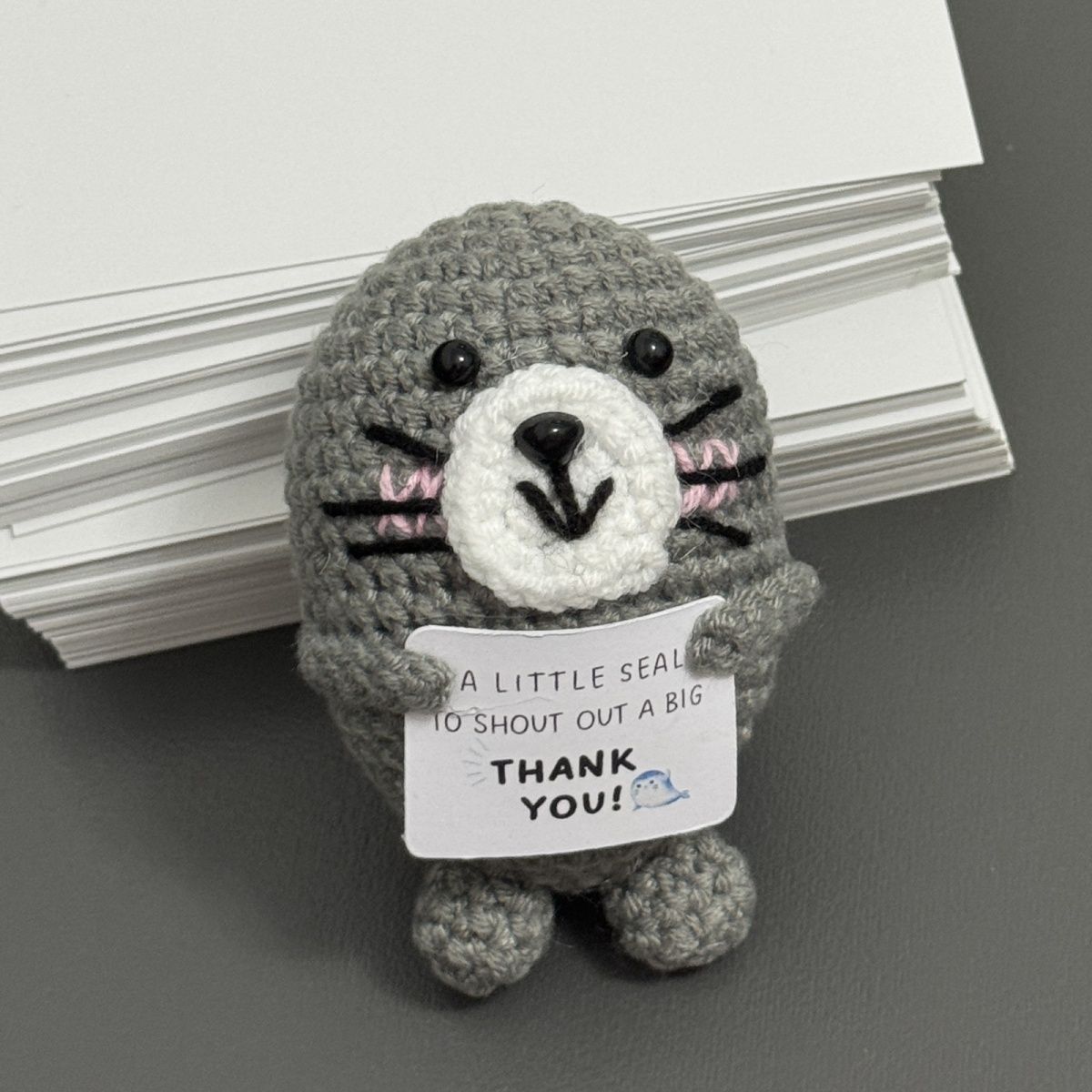 Crochet Seal Keychain – Handmade "Thank You" Amigurumi Plush with Gold Clasp, Perfect Gift for Teacher, Best Friend & Appreciation