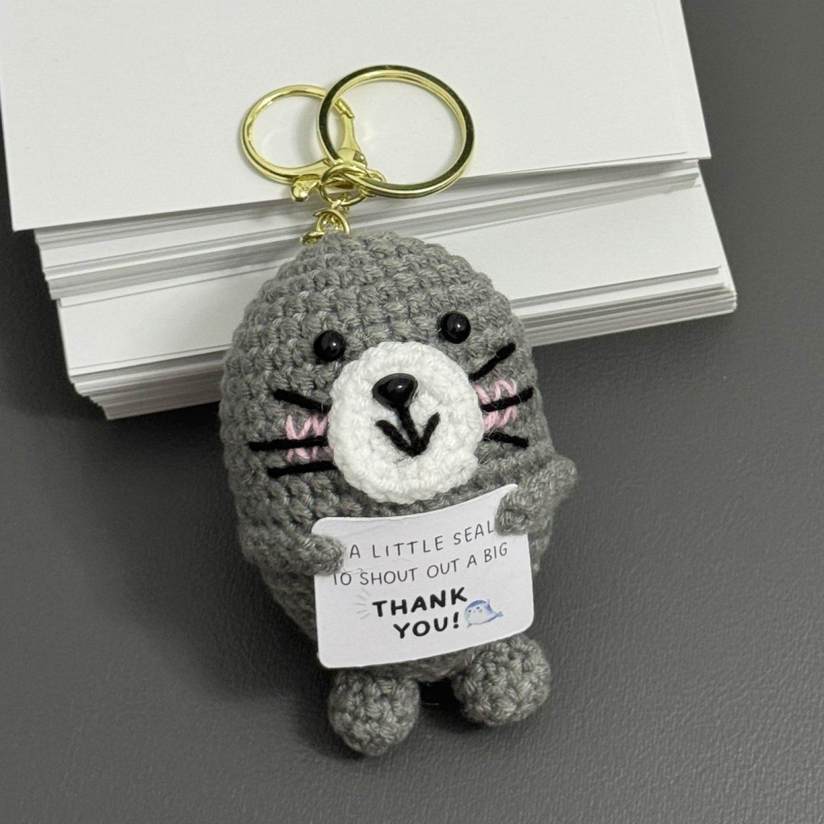 Crochet Seal Keychain – Handmade "Thank You" Amigurumi Plush with Gold Clasp, Perfect Gift for Teacher, Best Friend & Appreciation - Image 3