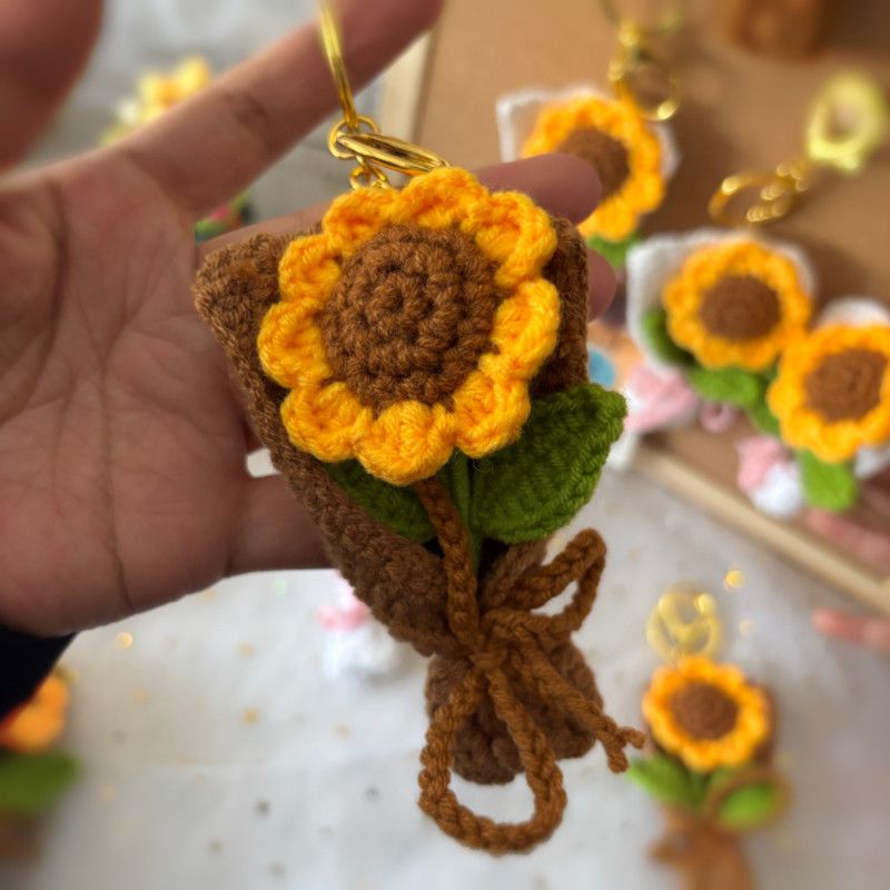 Crochet Sunflower Keychain – Mini Handmade Flower Bouquet Bag Charm with Gold Clasp, Good Luck & Graduation Gift for Her - Image 3
