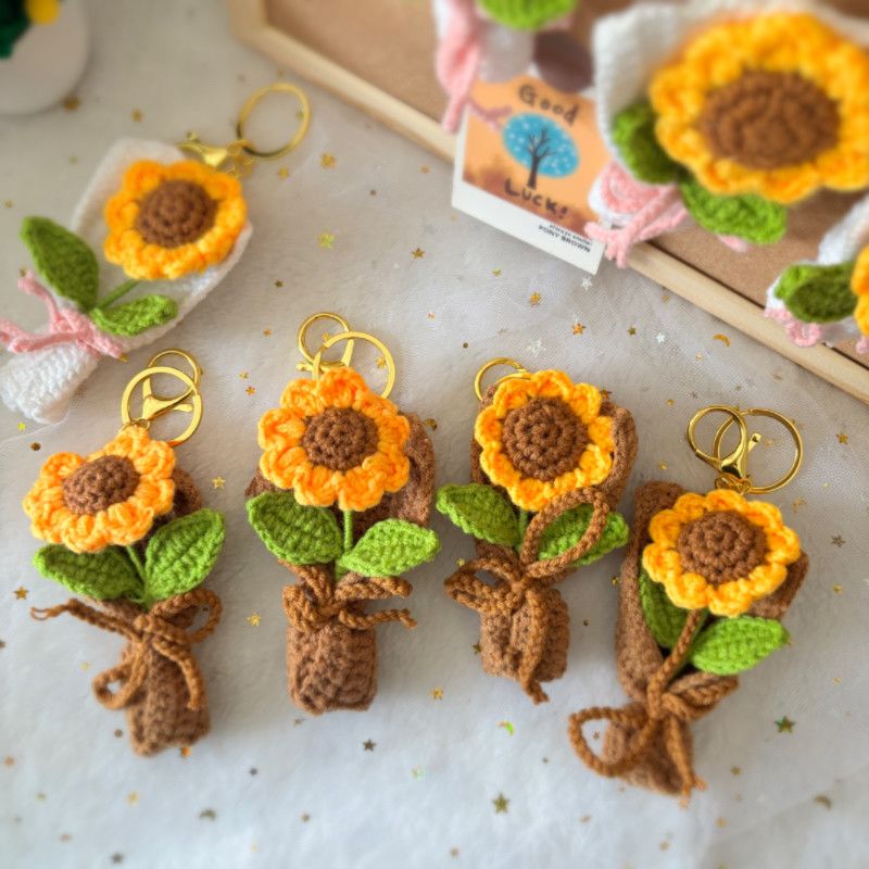 Crochet Sunflower Keychain – Mini Handmade Flower Bouquet Bag Charm with Gold Clasp, Good Luck & Graduation Gift for Her - Image 5