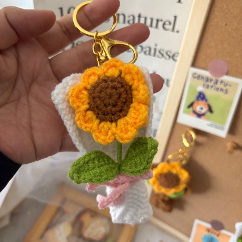 Crochet Sunflower Keychain – Mini Handmade Flower Bouquet Bag Charm with Gold Clasp, Good Luck & Graduation Gift for Her - Image 6