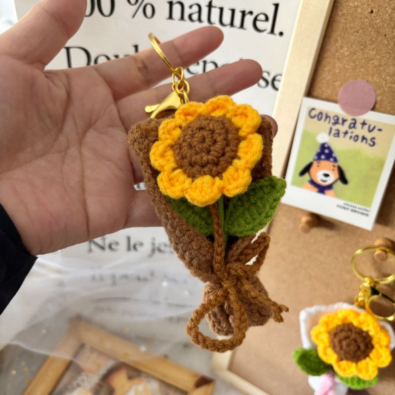 Crochet Sunflower Keychain – Mini Handmade Flower Bouquet Bag Charm with Gold Clasp, Good Luck & Graduation Gift for Her - Image 7