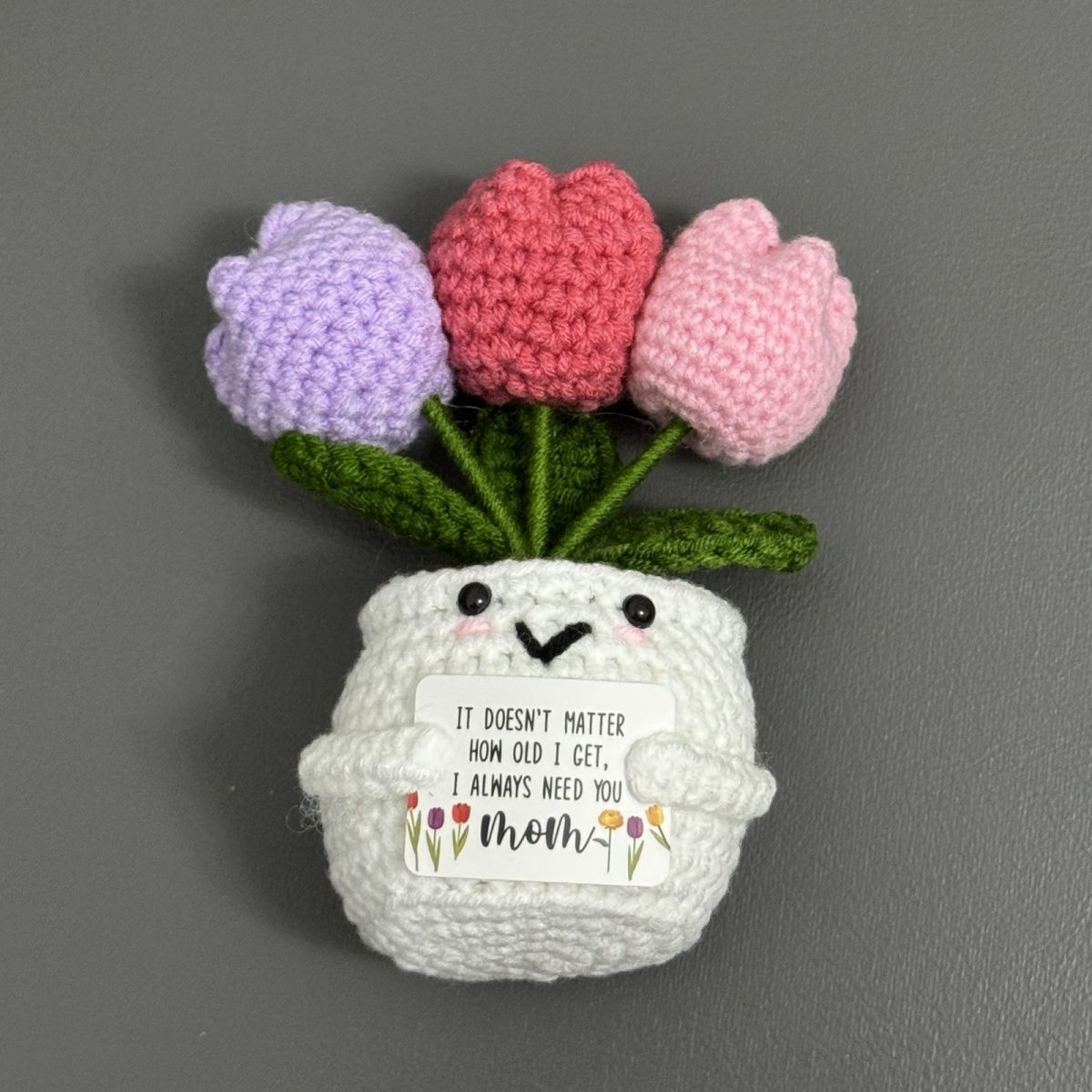 Crochet Tulip Pot Plush – Handmade "I Always Need You, Mom" Gift with Smiley Face, Mother's Day Present - Image 3