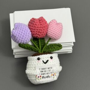 Crochet Tulip Pot Plush – Handmade "I Always Need You, Mom" Gift with Smiley Face, Mother's Day Present