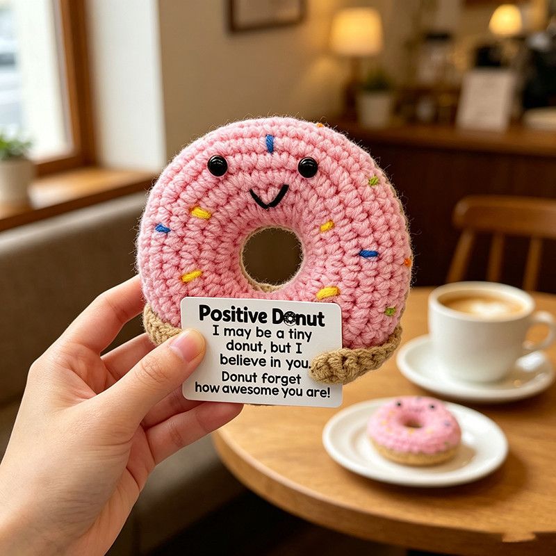 Positive Donut Crochet Plush – Handmade Amigurumi with Inspirational Pun Card, Cute Desk Buddy & Gift for Friends - Image 4