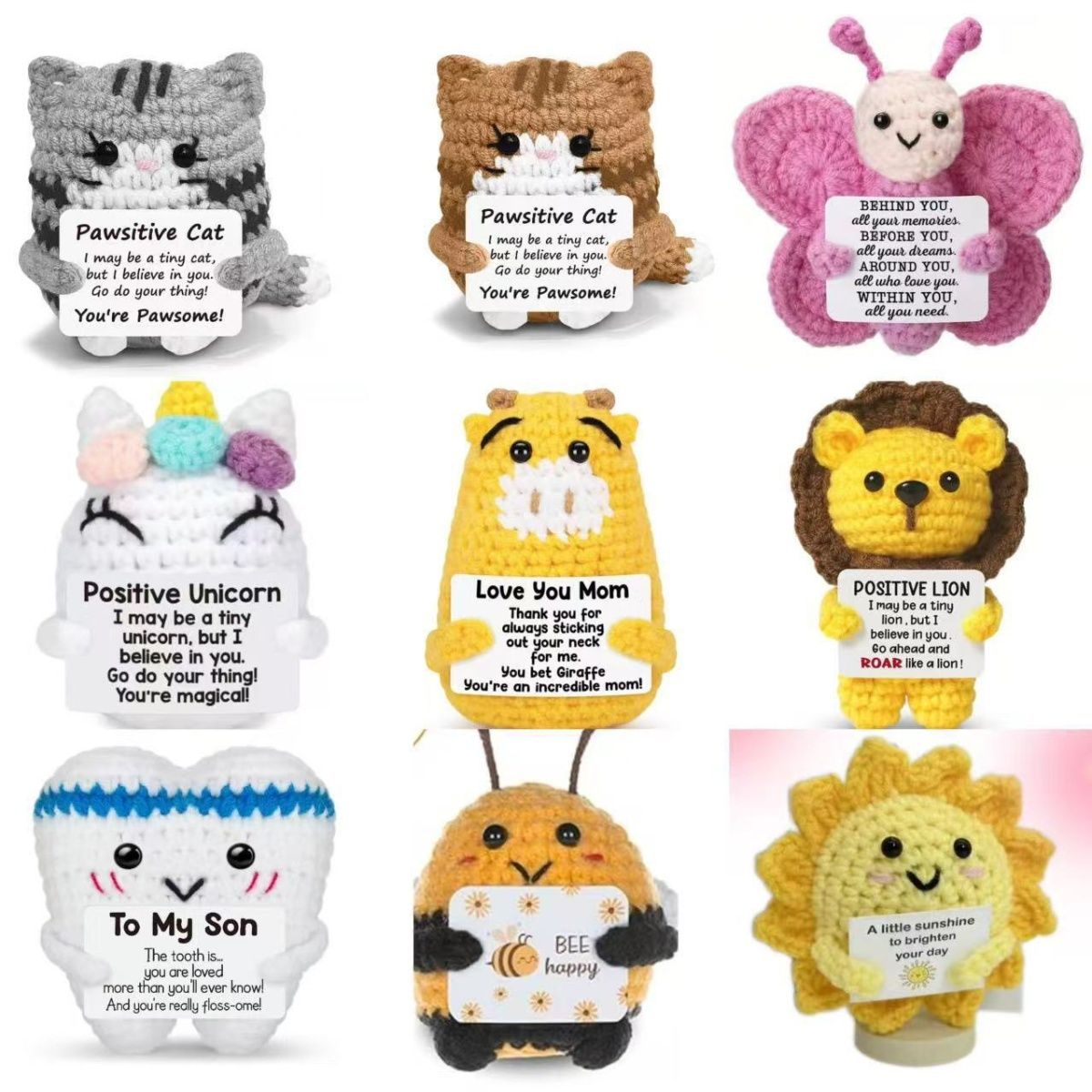 Handmade Crochet Positive Plush – Cute Emotional Support Amigurumi with Funny Pun Card, Desk Buddy & Anxiety Relief Gift, 33 Styles Available