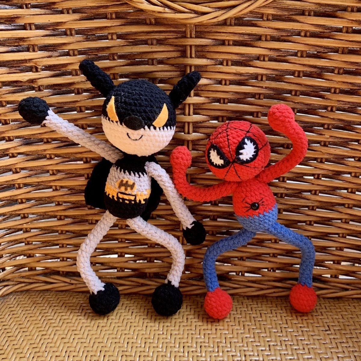 Handmade Crochet Spiderman Hero & Batman Inspired Figurine – Cute Amigurumi Action Doll, Collectible Desk Decor for Comic Lovers