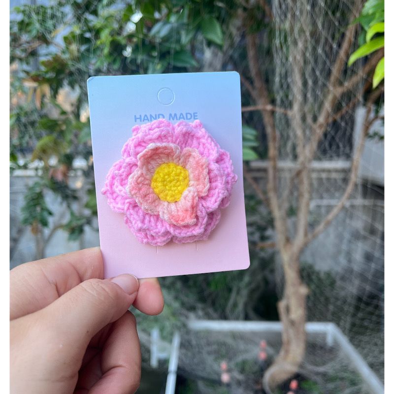 Handmade Crochet Pink Lotus Hair Tie, Hair Clip & Brooch – 3-in-1 Floral Accessory, 6.5cm (2.56") – Cute Gift for Girls & Women - Image 6