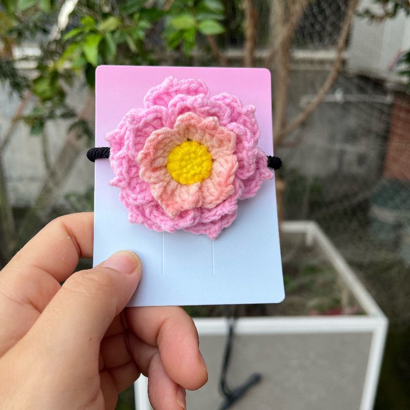 Handmade Crochet Pink Lotus Hair Tie, Hair Clip & Brooch – 3-in-1 Floral Accessory, 6.5cm (2.56") – Cute Gift for Girls & Women - Image 2