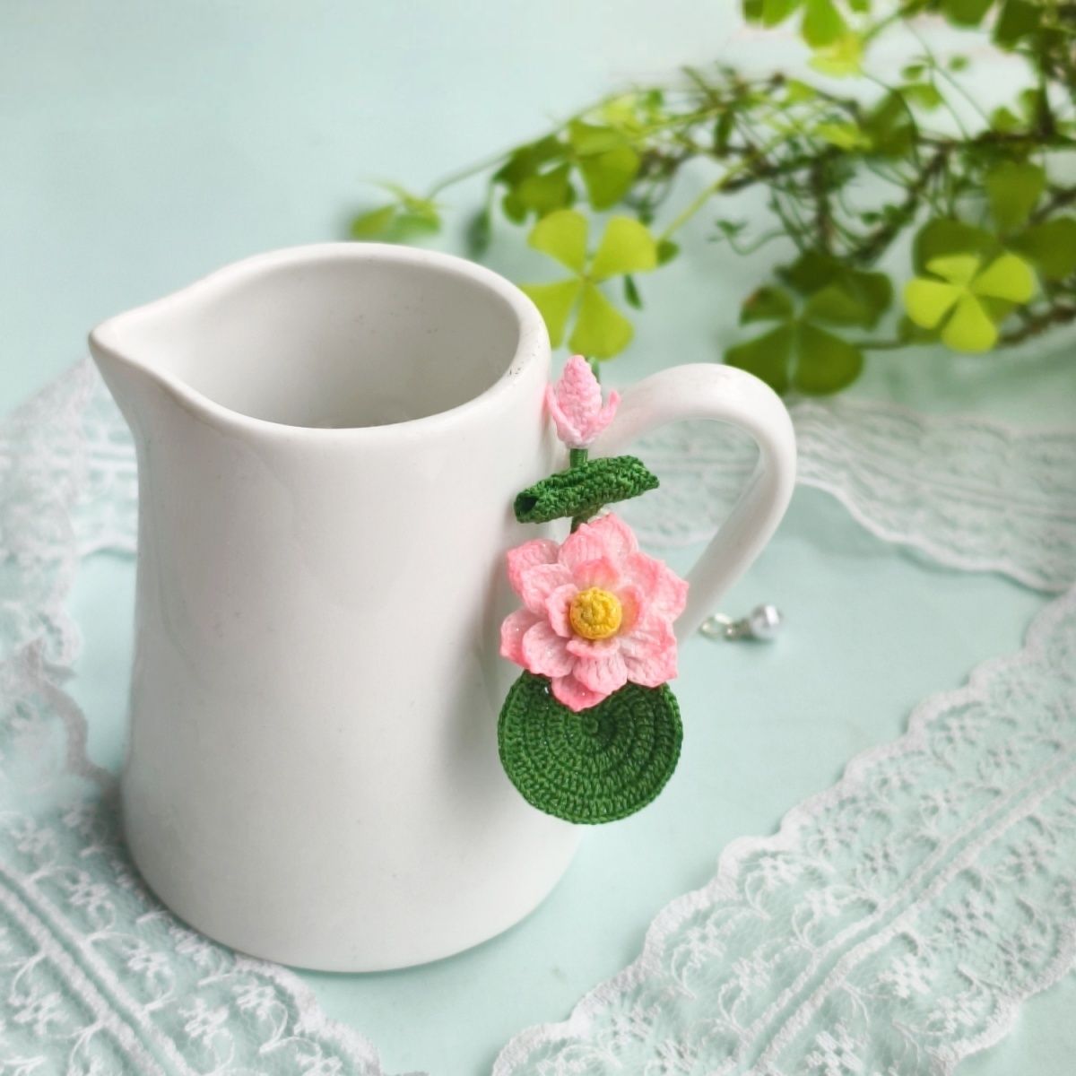 Handmade Micro-Crochet Lotus Bangle Bracelet – Adjustable 6cm (2.4") Diameter, Pink Flower & Green Lily Pad, Nature-Inspired Jewelry - Image 3