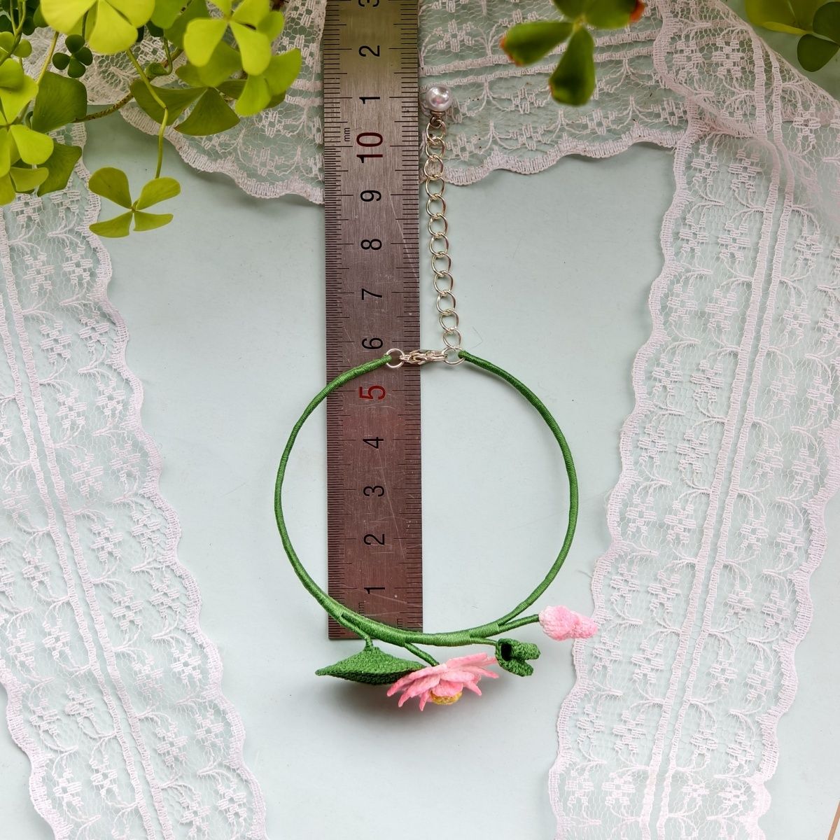 Handmade Micro-Crochet Lotus Bangle Bracelet – Adjustable 6cm (2.4") Diameter, Pink Flower & Green Lily Pad, Nature-Inspired Jewelry - Image 4