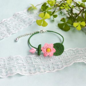 Handmade Micro-Crochet Lotus Bangle Bracelet – Adjustable 6cm (2.4") Diameter, Pink Flower & Green Lily Pad, Nature-Inspired Jewelry