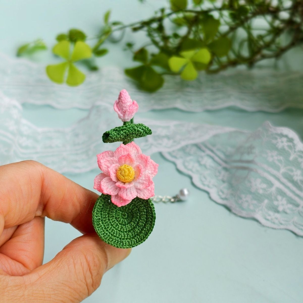 Handmade Micro-Crochet Lotus Bangle Bracelet – Adjustable 6cm (2.4") Diameter, Pink Flower & Green Lily Pad, Nature-Inspired Jewelry - Image 6