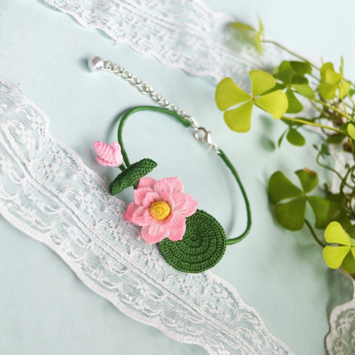 Handmade Micro-Crochet Lotus Bangle Bracelet – Adjustable 6cm (2.4") Diameter, Pink Flower & Green Lily Pad, Nature-Inspired Jewelry - Image 7
