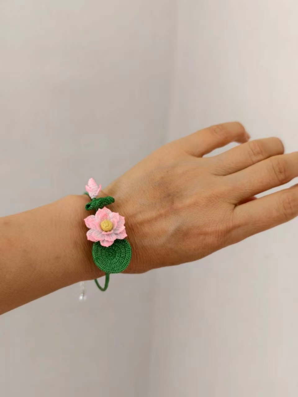 Handmade Micro-Crochet Lotus Bangle Bracelet – Adjustable 6cm (2.4") Diameter, Pink Flower & Green Lily Pad, Nature-Inspired Jewelry - Image 2