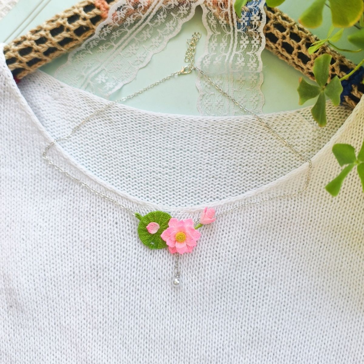 Handmade Micro-Crochet Lotus Necklace with Pearl – Adjustable 43cm-49cm (17"-19") – Convertible to Bracelet - Image 8