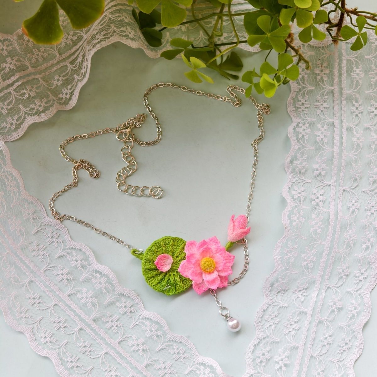 Handmade Micro-Crochet Lotus Necklace with Pearl – Adjustable 43cm-49cm (17"-19") – Convertible to Bracelet - Image 7
