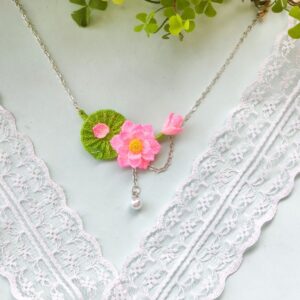 Handmade Micro-Crochet Lotus Necklace with Pearl – Adjustable 43cm-49cm (17"-19") – Convertible to Bracelet