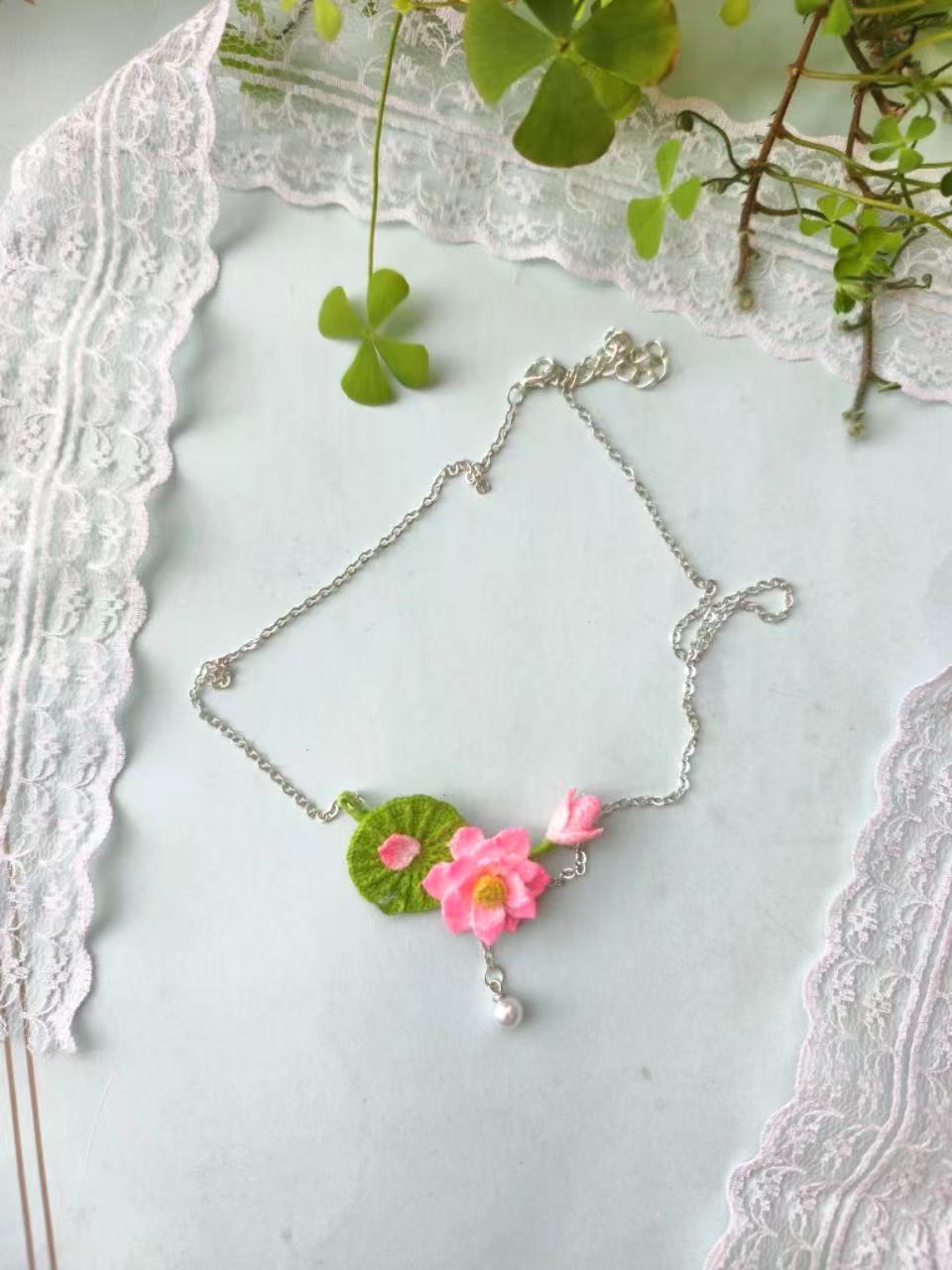 Handmade Micro-Crochet Lotus Necklace with Pearl – Adjustable 43cm-49cm (17"-19") – Convertible to Bracelet - Image 4