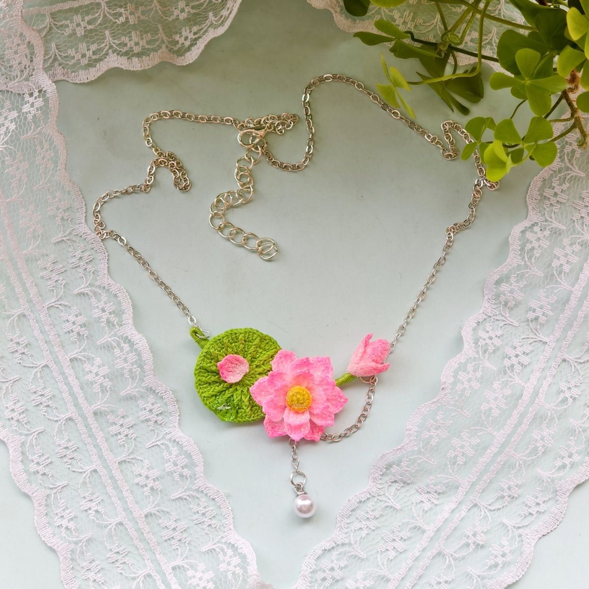 Handmade Micro-Crochet Lotus Necklace with Pearl – Adjustable 43cm-49cm (17"-19") – Convertible to Bracelet - Image 5
