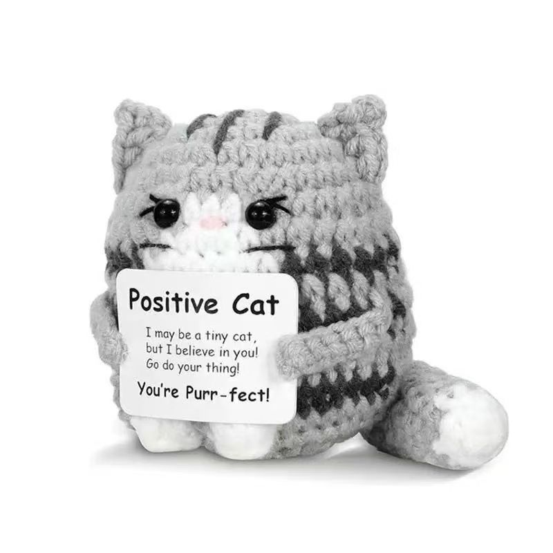 Positive Cat Crochet Plush – Handmade Amigurumi with Funny "Purr-fect" Pun Card, Cute Desk Buddy - Image 2