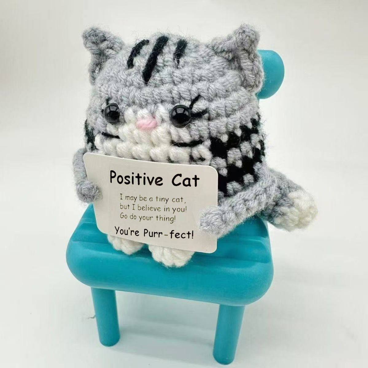 Positive Cat Crochet Plush – Handmade Amigurumi with Funny "Purr-fect" Pun Card, Cute Desk Buddy