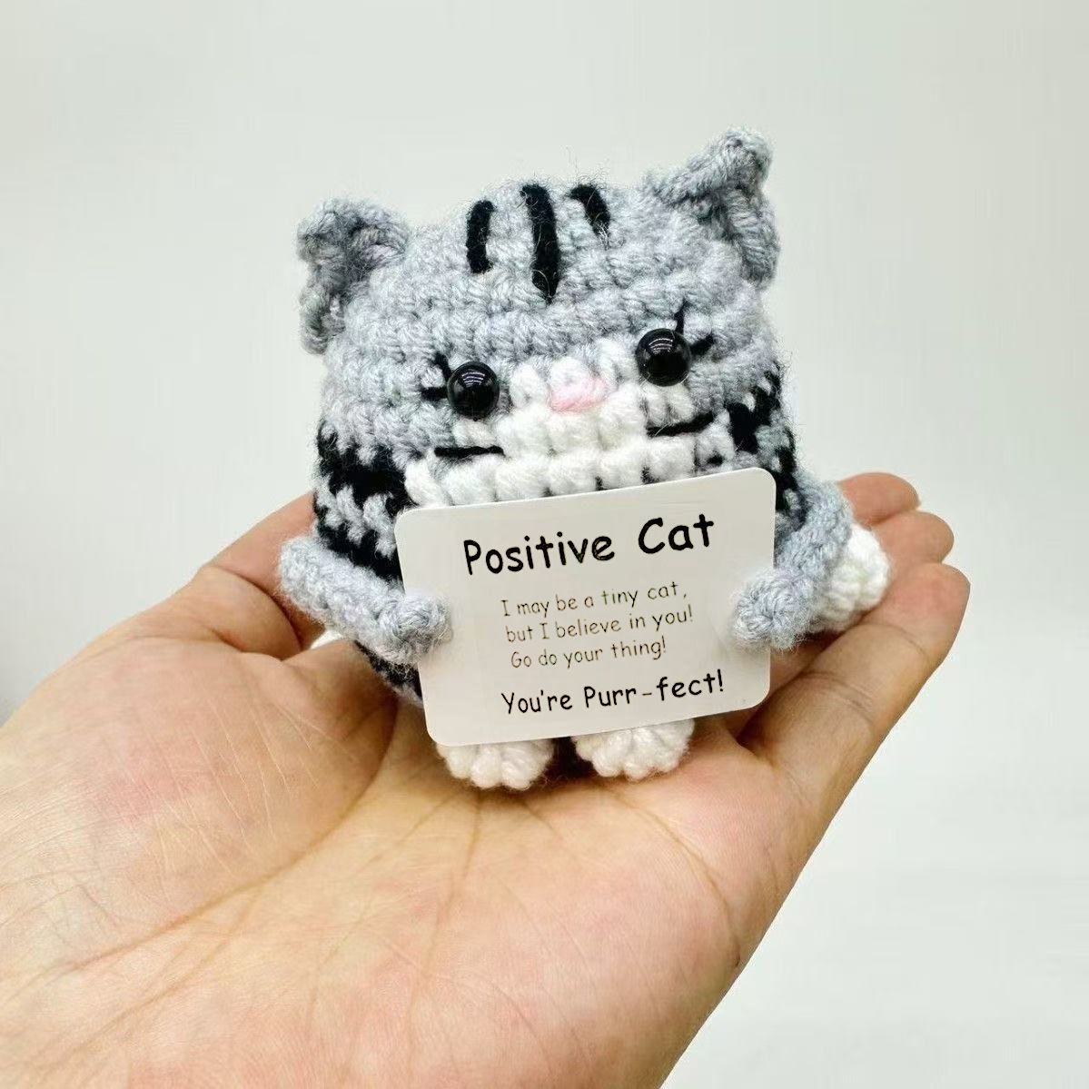 Positive Cat Crochet Plush – Handmade Amigurumi with Funny "Purr-fect" Pun Card, Cute Desk Buddy - Image 5