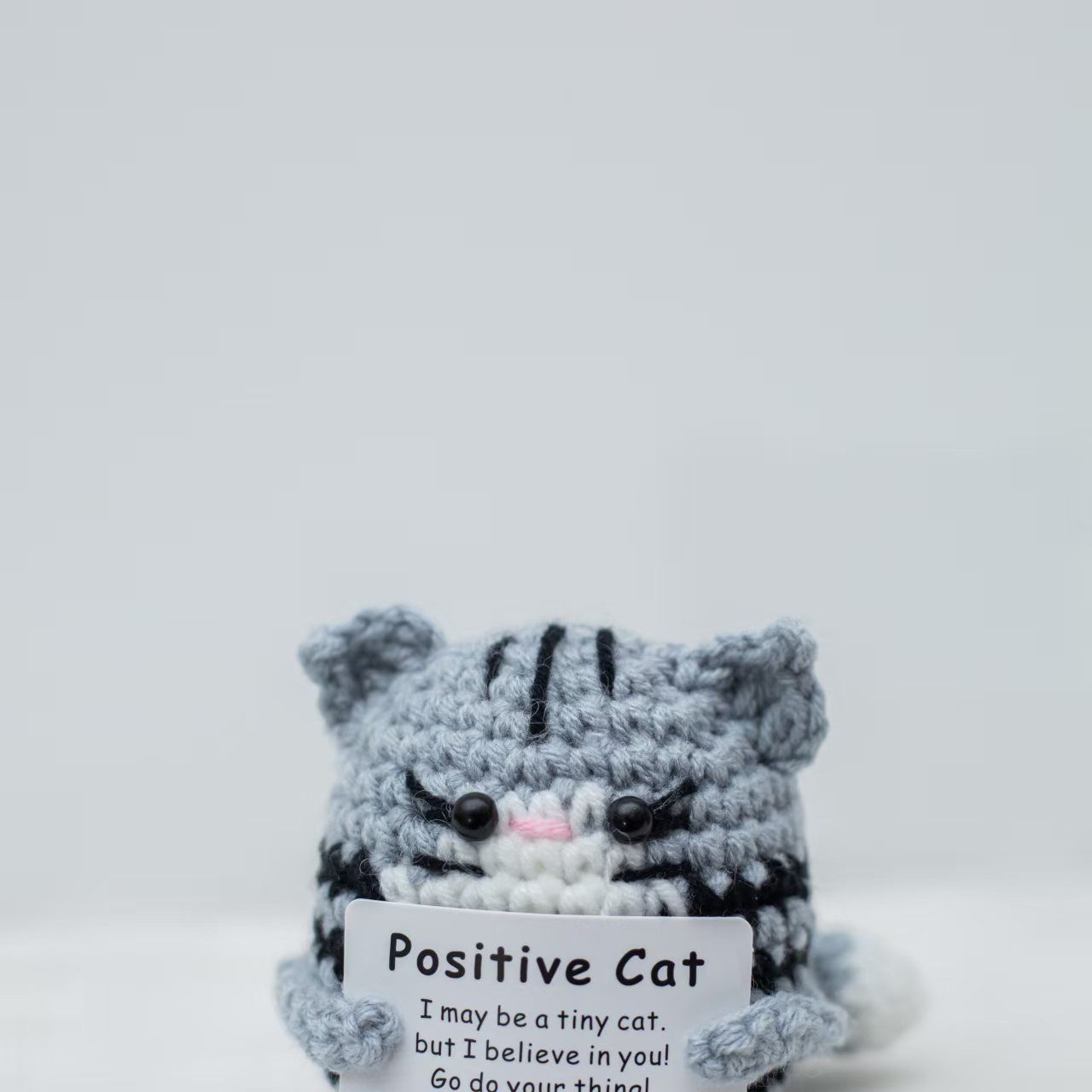 Positive Cat Crochet Plush – Handmade Amigurumi with Funny "Purr-fect" Pun Card, Cute Desk Buddy - Image 6
