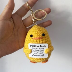 Positive Duck Crochet Keychain – Handmade Amigurumi with Funny "Ducking" Pun Card, Cute Bag Charm & Emotional Support Gift for Friends