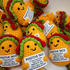 Positive Taco Crochet Plush – Handmade Amigurumi with Funny Pun Card, Cute Desk Buddy, Emotional Support Gift for Friends & Coworkers