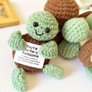 Positive Turtle Crochet Plush – Handmade Amigurumi with Funny "Turtle-y" Pun Card, Cute Emotional Support Desk Buddy, Gift for Friends & Coworkers