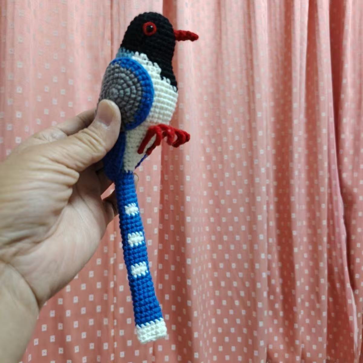 Red-billed Blue Magpie Figurine, Handmade Crochet Bird Plush, Unique Nature Gift, Exotic Woodland Decor