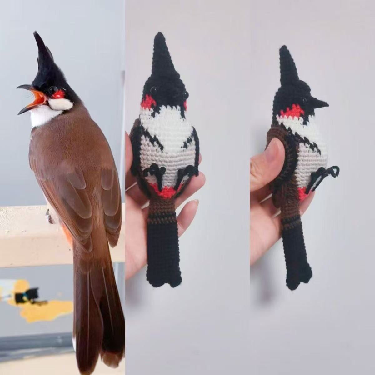 Realistic Red-whiskered Bulbul Figurine, Handmade Crochet Bird Plush, Unique Nature Lover Gift, Desktop Decor - Image 6