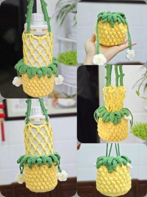 Crochet Water Bottle Pouch – Cute Pineapple 2-in-1 Bag Charm & Tumbler Carrier, Handmade Yellow Fruit Net Holder, Summer Gift for Her