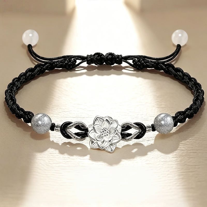 999 Sterling Silver Lotus Braided Bracelet – Unisex Adjustable Woven Rope Jewelry, Luck & Love Gift for Couples and Best Friends - Image 2