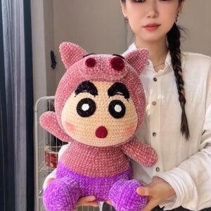Handmade Crochet Anime Boy in Pink Pig Costume | Quirky Plush Doll