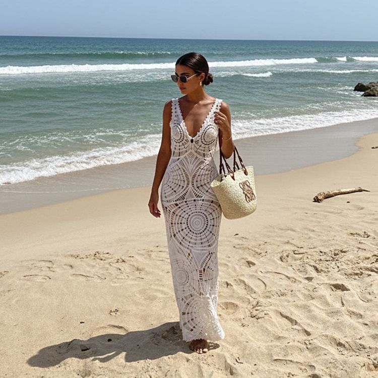 Handmade Crochet Beach Dress | Hollow Out Cover-Up Maxi Dress