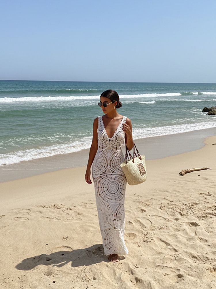 Handmade Crochet Beach Dress | Hollow Out Cover-Up Maxi Dress - Image 2